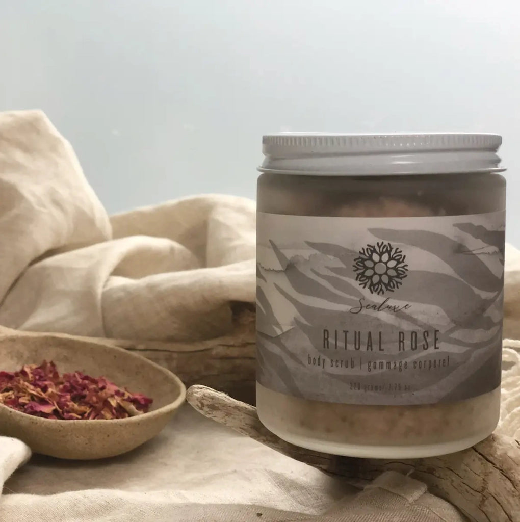 From Campanula Design Studio: Sealuxe Ritual Rose Body Scrub - Sea salts, Himalayan salts and kelp work harmoniously to help to eliminate and heal skin imperfections. Exotic oils are added to help soothe and moisturize. The addition of Rose Geranium is uplifting while healing.