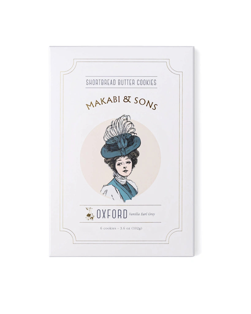 Packaging of Makabi & Sons shortbread butter cookies with a vintage illustration on a white background. Available from Campanula Design Studio, Seattle florist and gift basket company in Magnolia.