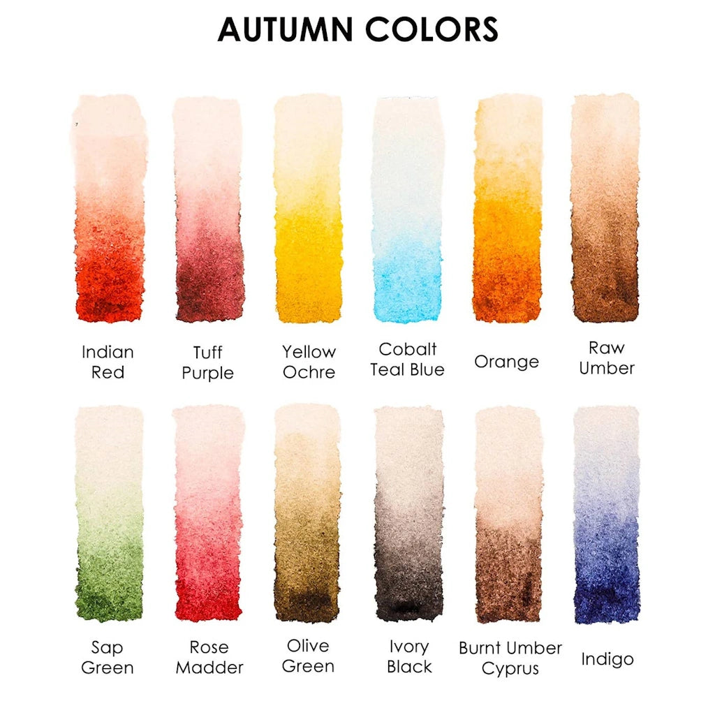 Color swatches labeled with names of autumn colors on a white background