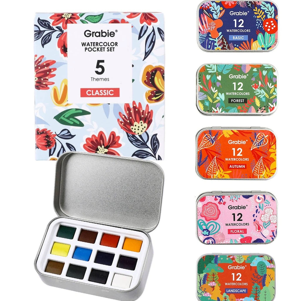 Set of five palettes of watercolors.  Available from Campanula Design Studio, Seattle florist and gift basket company in the Magnolia neighborhood.