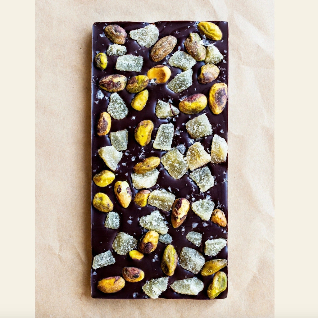 Wildwood Chocolate Bar - Ginger Pistachio - Crunchy roasted pistachio and spicy candied ginger adorn rich 70% dark chocolate.