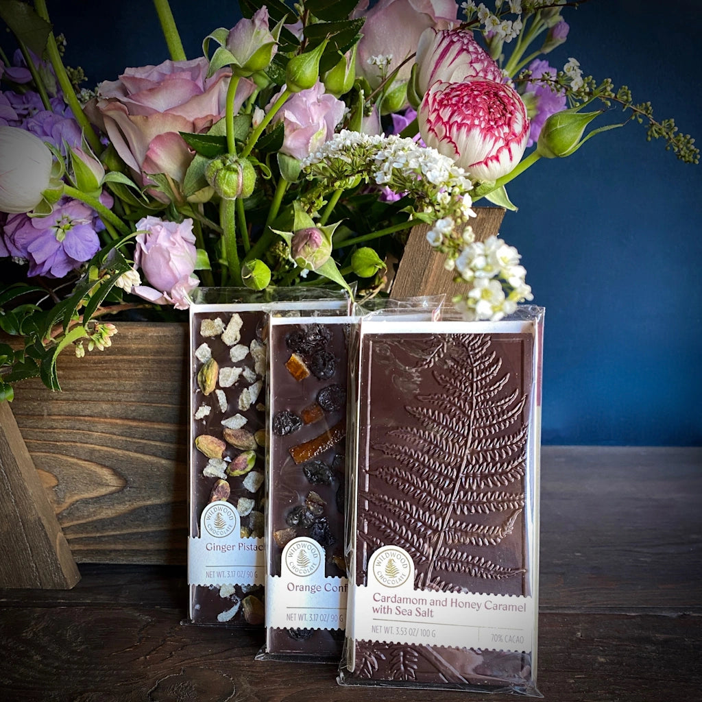 Gorgeous Wildwood Chocolate Bars are as tasty as they are beautiful. Available in gift baskets from Campanula Design Studio for delivery in Seattle or individually for nationwide shipping.